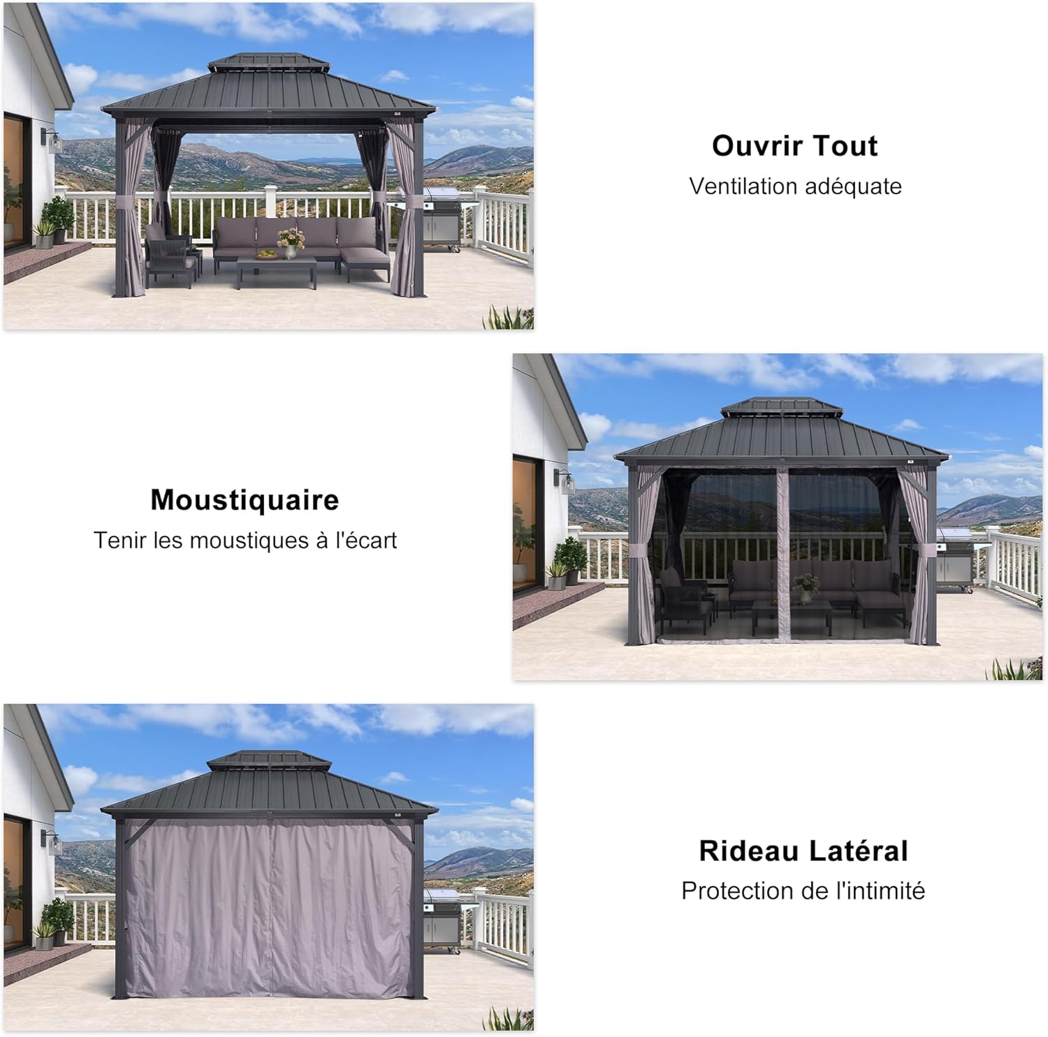 bleujardin - Pergola aluminium double toit 3,65x3m rideaux moustiquaire