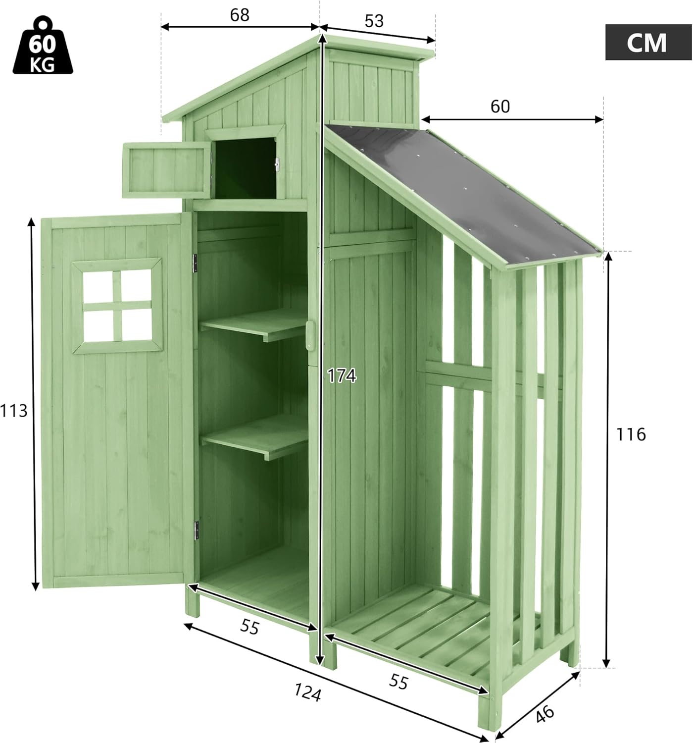 Abri de Jardin en Bois, Cabane de Jardin avec PVC à Structure en Forme de Selle, Coffre de Jardin avec Fondation et 2 étagères de Rangement, Armoire Outils de Jardinage, 124x46x174cm Vert