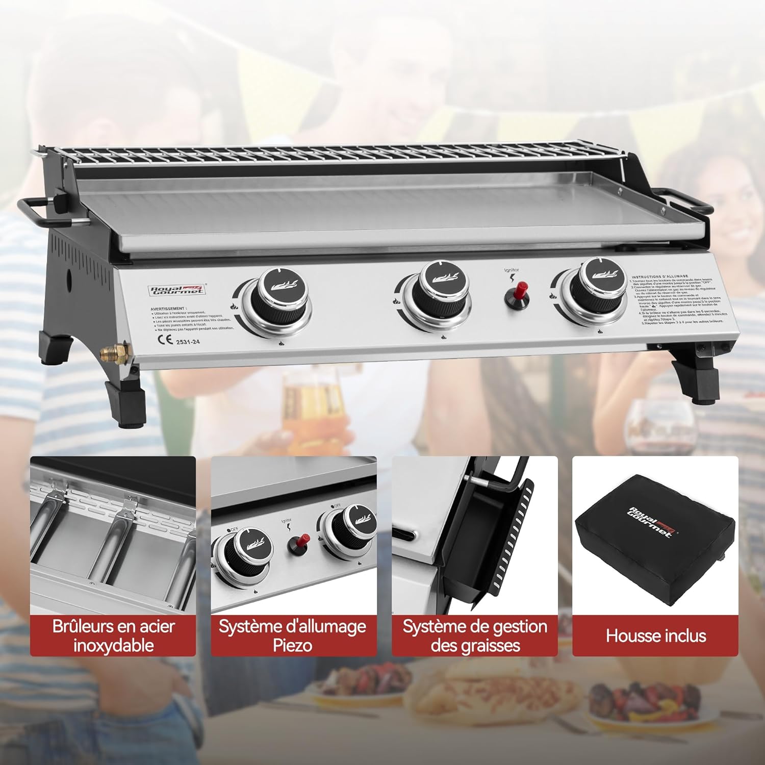 bleujardin - Plancha gaz inox 3 brûleurs 61,5x32cm, 7,5kW, usage extérieur