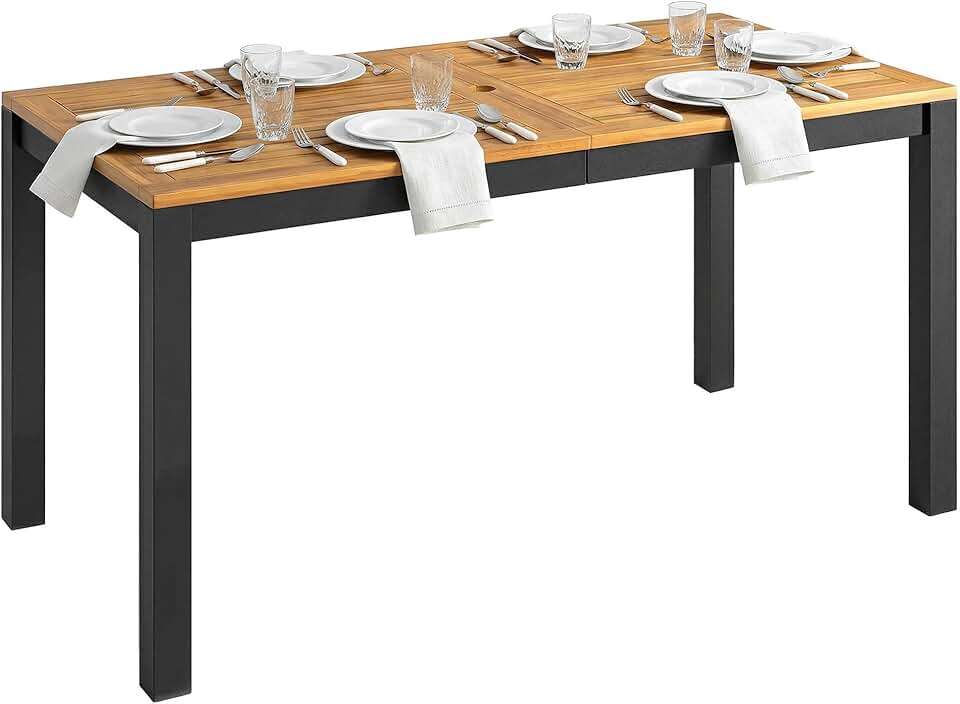 bleujardin - Table de jardin rectangulaire 150x75x75 cm - bois acacia, 6 places, trou parasol, 80 kg