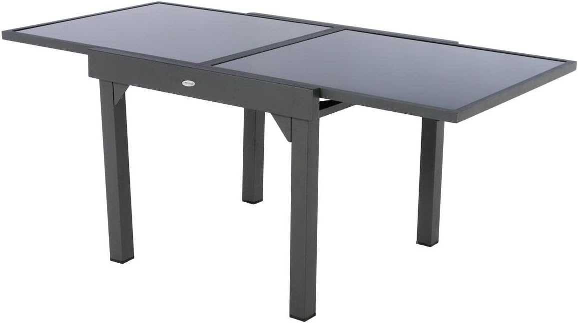 bleujardin - Table Piazza Gris Graphite extensible 8 places - Aluminium anti-rouille, verre trempé, rallonge coulissante.