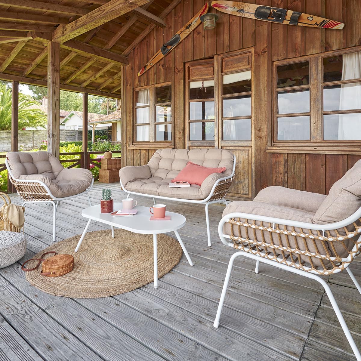 bleujardin - Paopao Salon de Jardin - 4 places - acier epoxy, pieds ajustables - Blanc et Beige