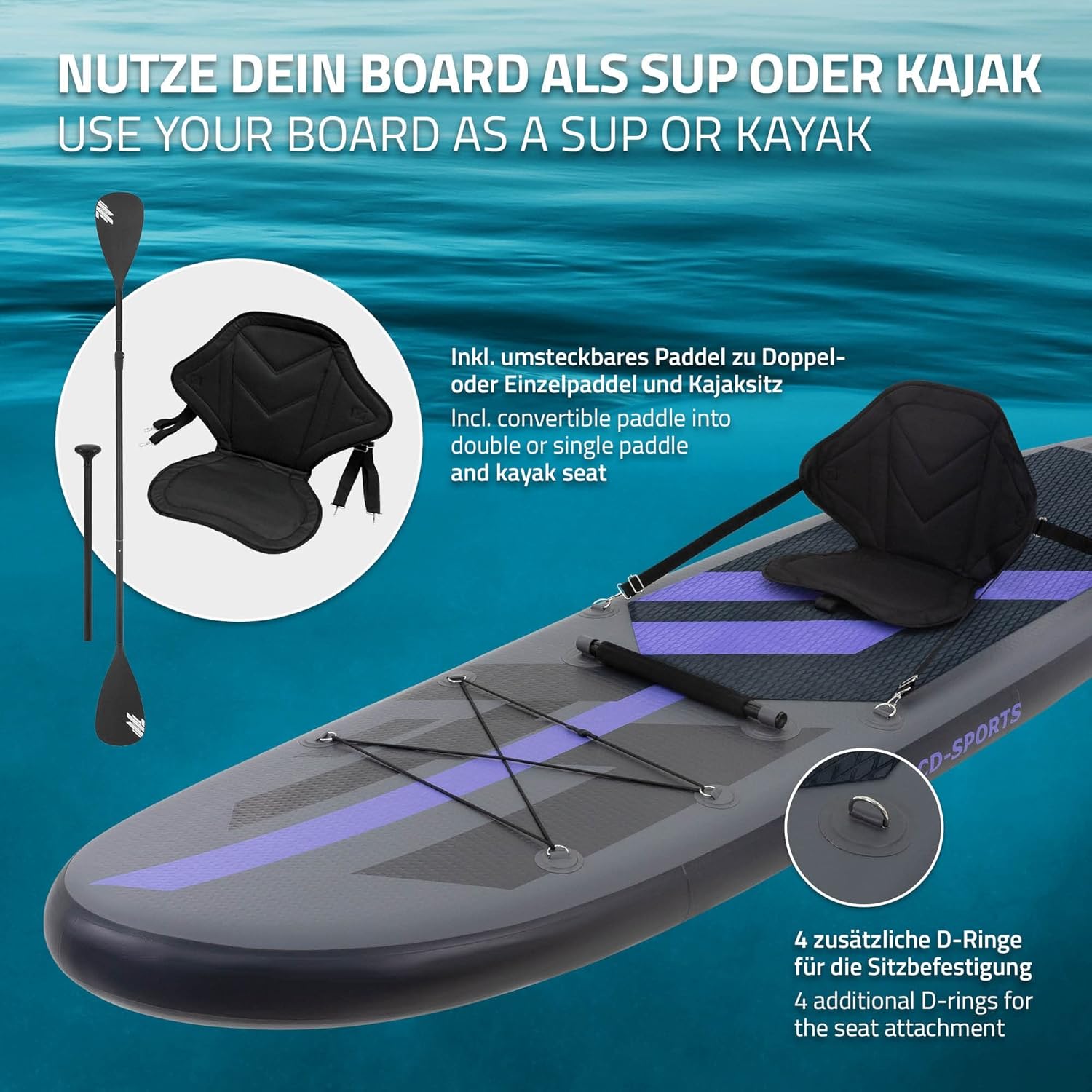 bleujardin - Stand Up Paddle Gonflable - 305/308/320/380 cm - PVC, 120/150 kg, 10/15 cm