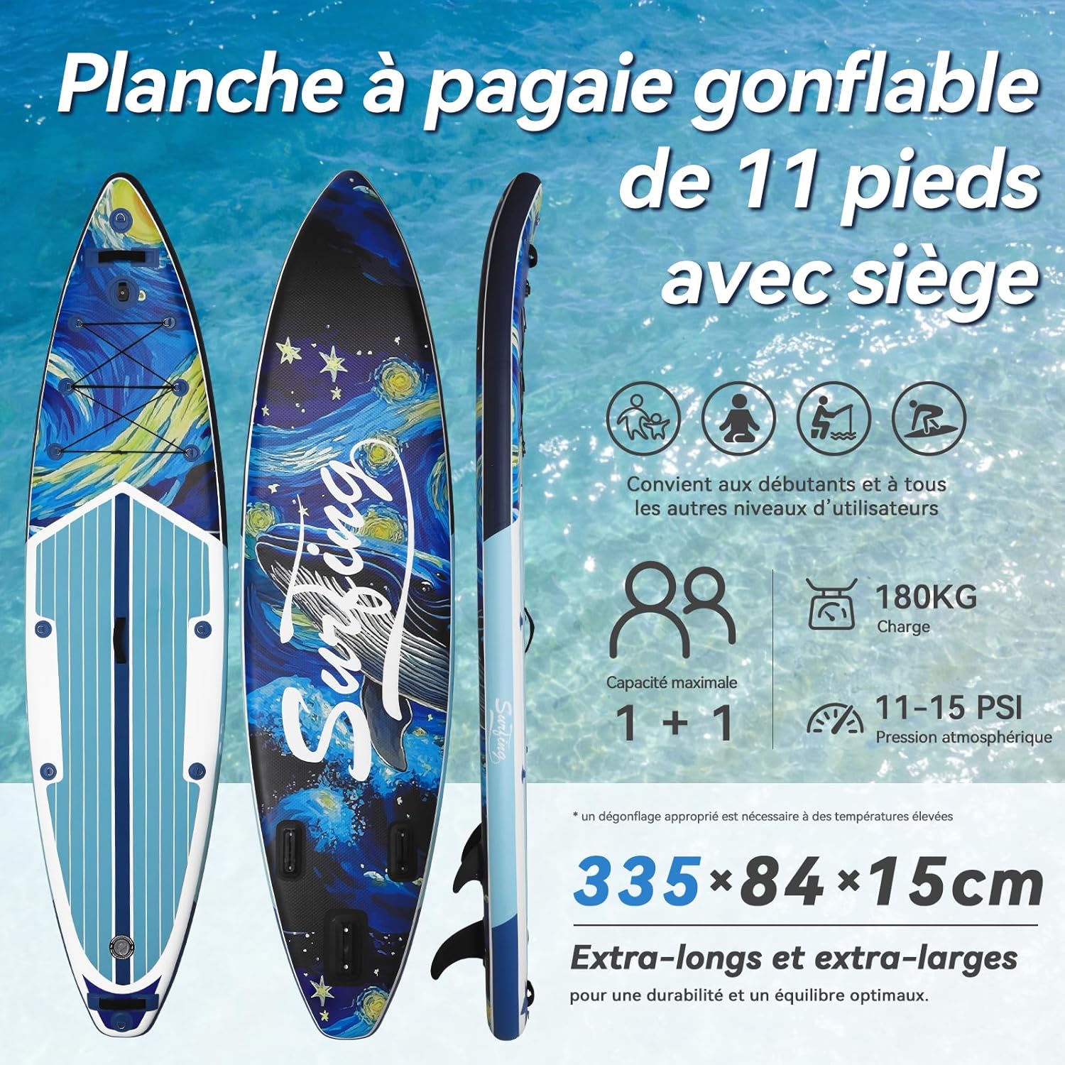 bleujardin - Paddle gonflable adulte 320/335cm - 2 personnes, siège kayak, pagaie, support caméra, 150kg