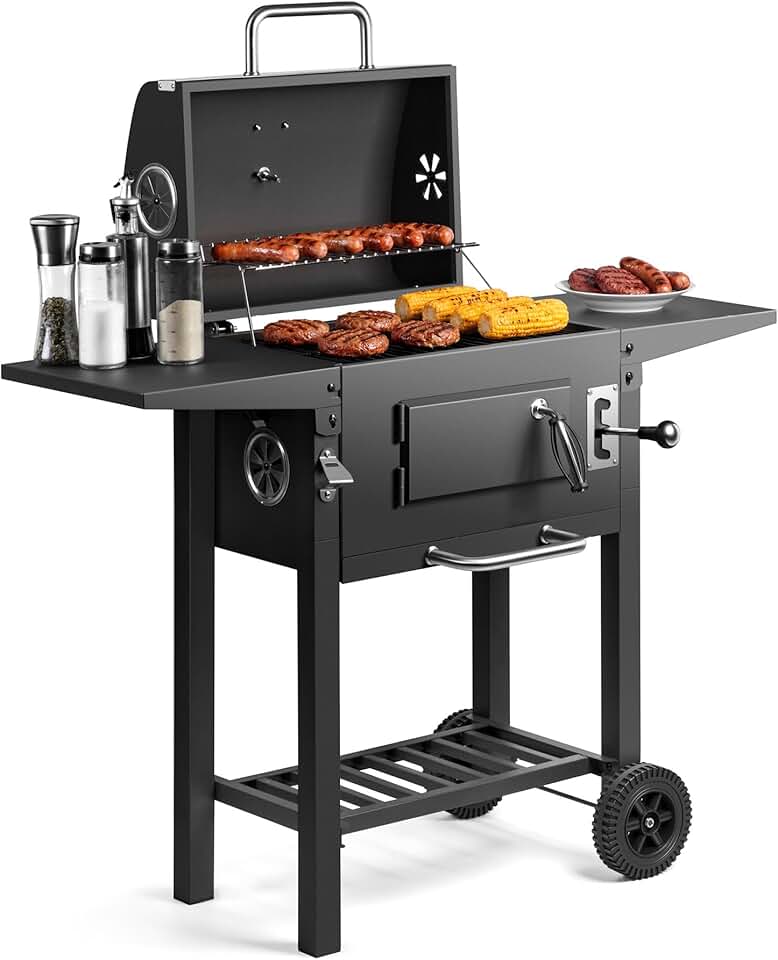 bleujardin - Barbecue charbon portable - hauteur réglable, grilles, roulettes, tables latérales, étagère - 78x40x90 cm