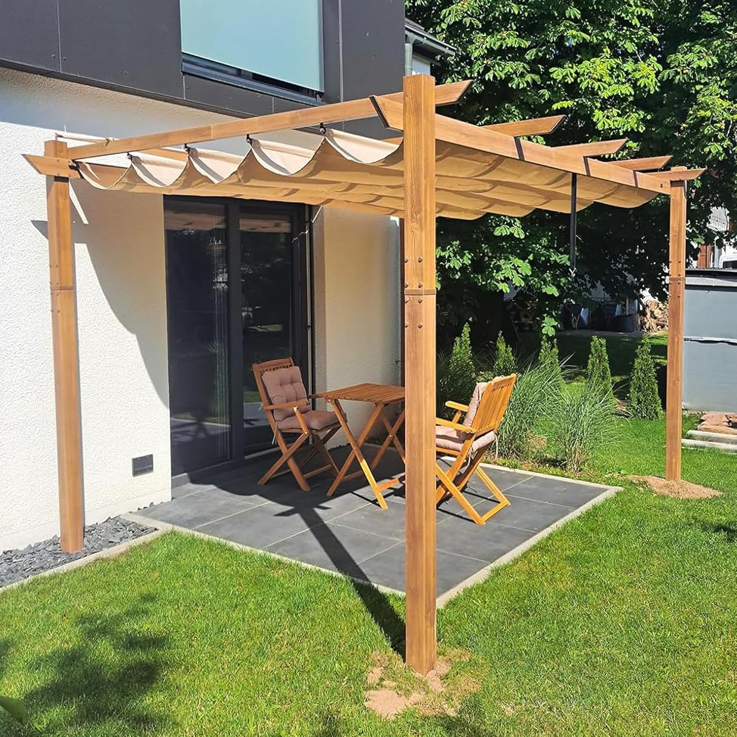bleujardin - pergola aluminium 4x3m teck, toile rétractable, kaki