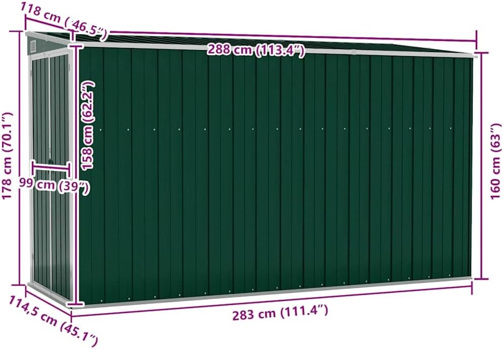 bleujardin Abri de Jardin Mural Vert 118x288x178 cm Acier galvanisé,Structures extérieures, Cabanes & abris de Jardin,316225