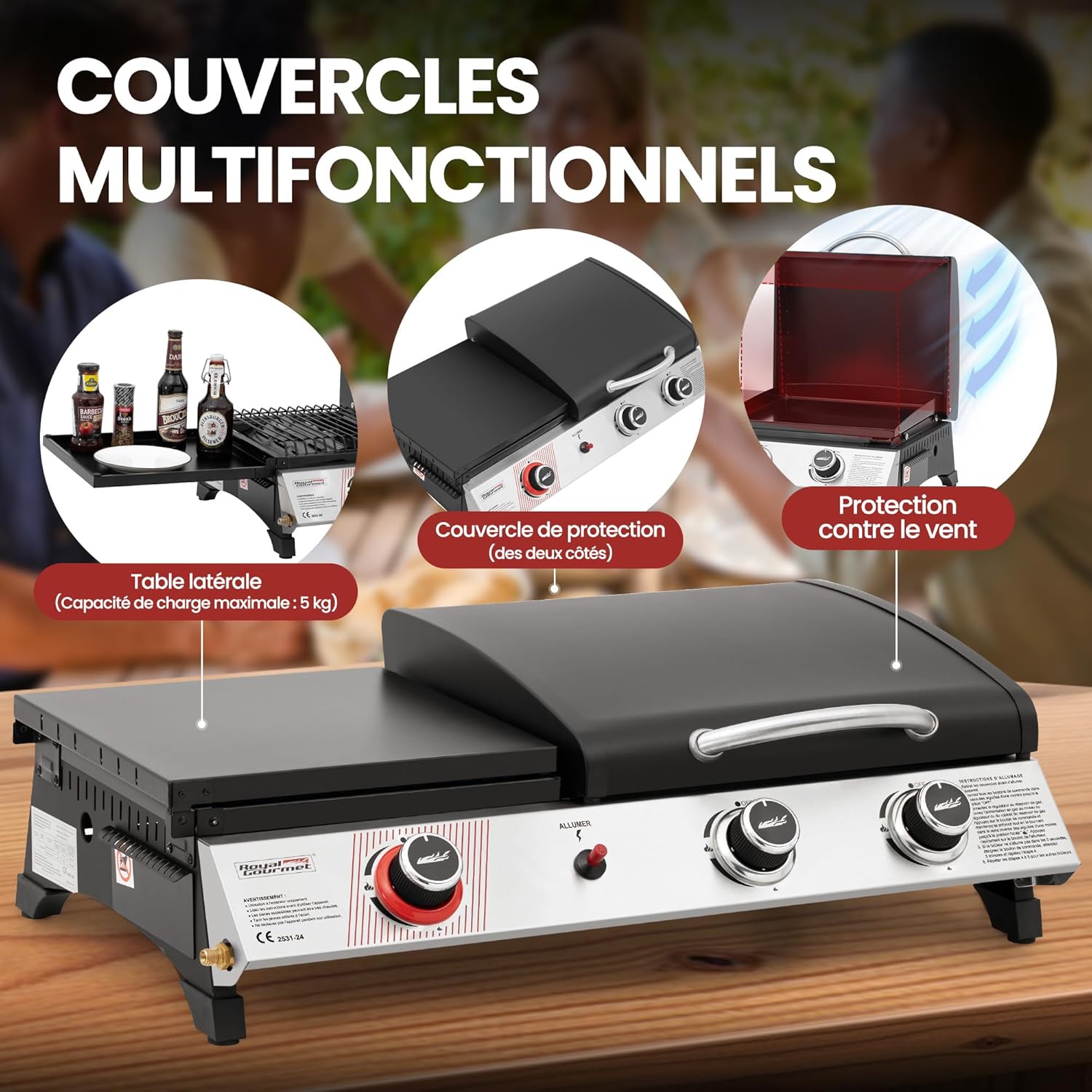 bleujardin - barbecue gaz 3 brûleurs - 8,5kW - plancha, grille, couvercle multifonction